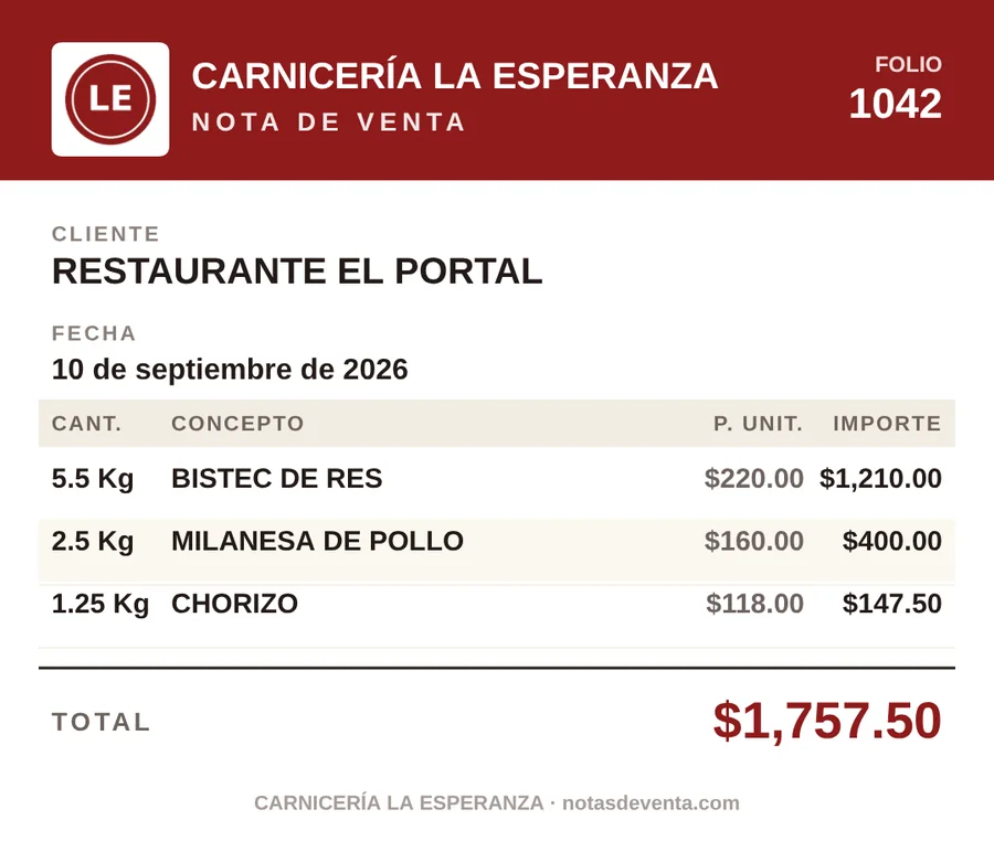Nota de venta de Carnicería La Esperanza para Restaurante El Portal, folio 1042: 5.5 kg de bistec de res, 2.5 kg de milanesa de pollo y 1.25 kg de chorizo, total $1,757.50