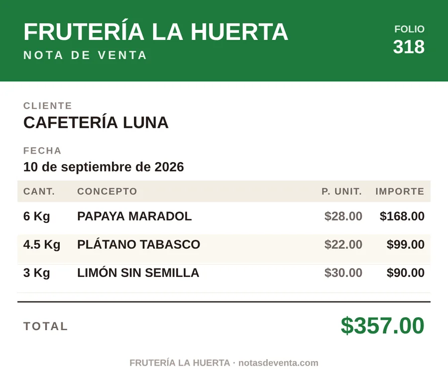 Nota de venta de Frutería La Huerta para Cafetería Luna, folio 318: papaya maradol, plátano tabasco y limón sin semilla, total $357.00